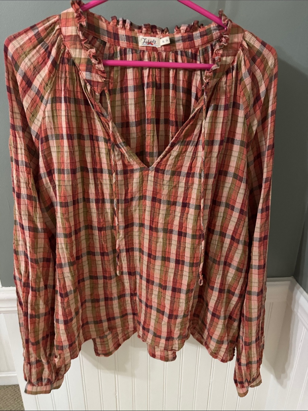 Faherty Analiese Top Relaxed Plaid Peasant Top - Rust/Beige XL - Picture 4 of 9